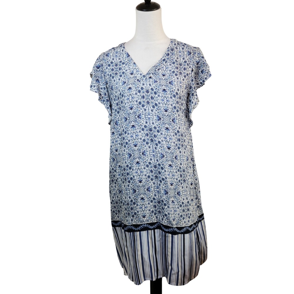 Skye's The Limit Blue White Floral Striped V-Neck Flutter Sleeve Shift Dress S